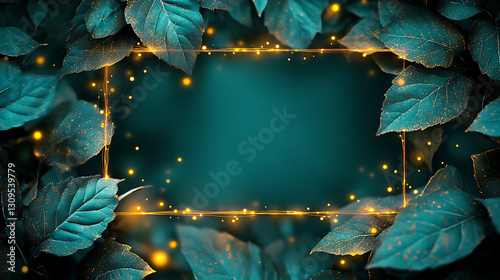 Teal Leaves Frame with Golden Light Sparkling on a Dark Green Background for Invitation and Decoration