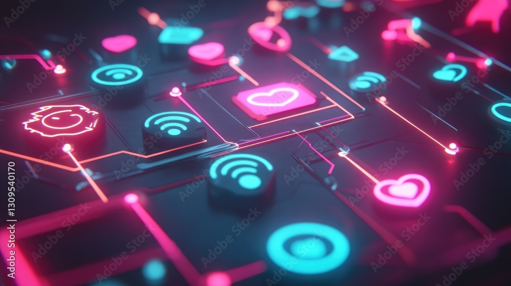 Glowing social media icons connected in a futuristic digital network. Glowing social media icons connected in a futuristic digital network.