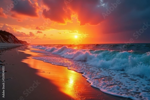 Fiery orange sunset paints Pacific waves, sandy shore , scene, evening, light