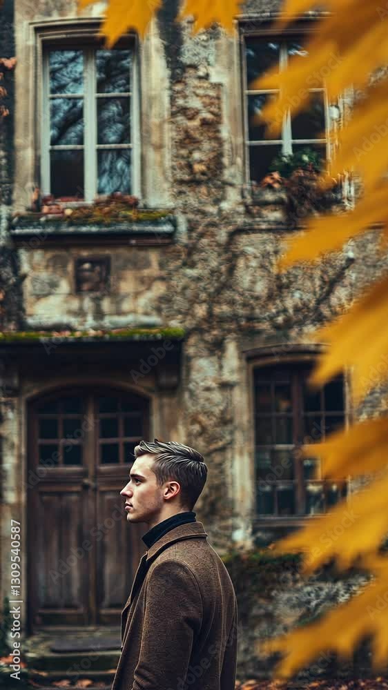 Man walking past a weathered building adorned with autumn leaves in a quiet neighborhood Man walking past a weathered building adorned with autumn leaves in a quiet neighborhood