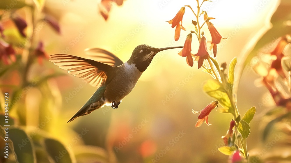 Fototapeta premium Close-up of a hummingbird delicately sipping nectar from wildflowers sunlit petals glowing in soft warm light cinematic wildlife frame 