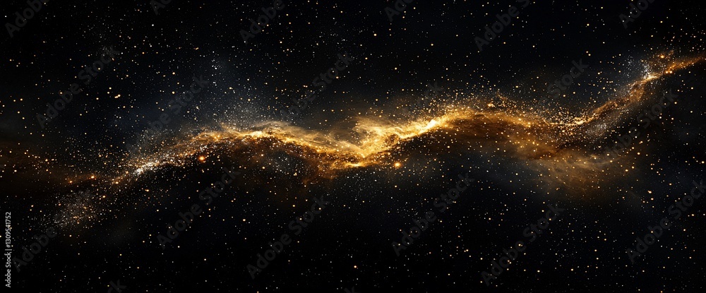 Fototapeta premium Golden cosmic nebula swirls in dark space.