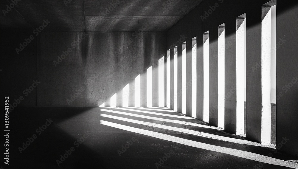 Fototapeta premium Striking black and white photograph showcasing the interplay of light and shadow in a modern concrete structure. The strong contrast creates a dramatic and architectural feel.