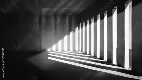 Obraz Striking black and white photograph showcasing the interplay of light and shadow in a modern concrete structure. The strong contrast creates a dramatic and architectural feel.