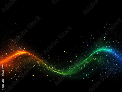 A vibrant wave of colorful particles flows across a dark background, creating a dynamic and captivating visual effect.