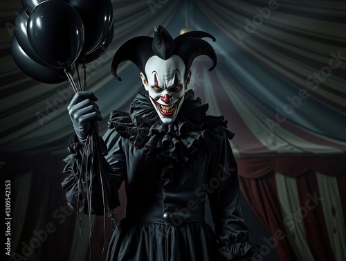 Sinister clown with black balloons at carnival