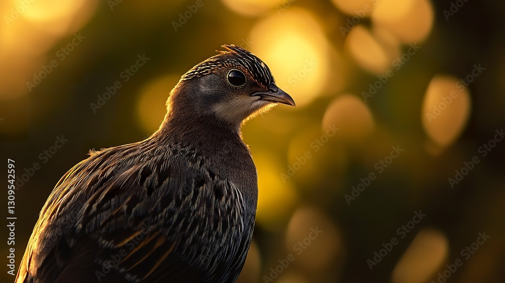 Obraz premium Close-up of a pretty Gambel's Quail distinctive plumage glowing in soft warm light blurred natural background deep cinematic tone 