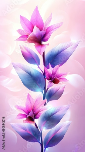 Sparkling Pink and Blue Flowers with Shimmering Leaves on Soft Pink Background