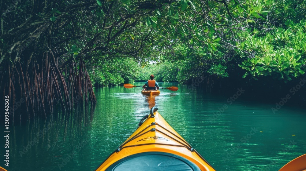 Fototapeta premium Serene Kayaking Adventure Through Lush Mangrove Forest on Calm Waterway