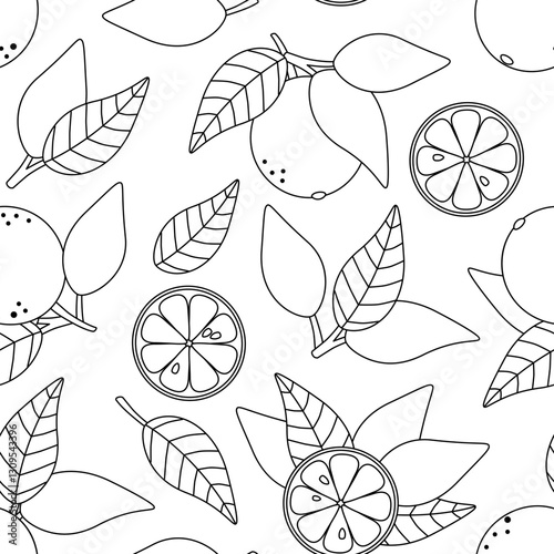 Orange outline seamless pattern with citrus fruits and leaves on a white background