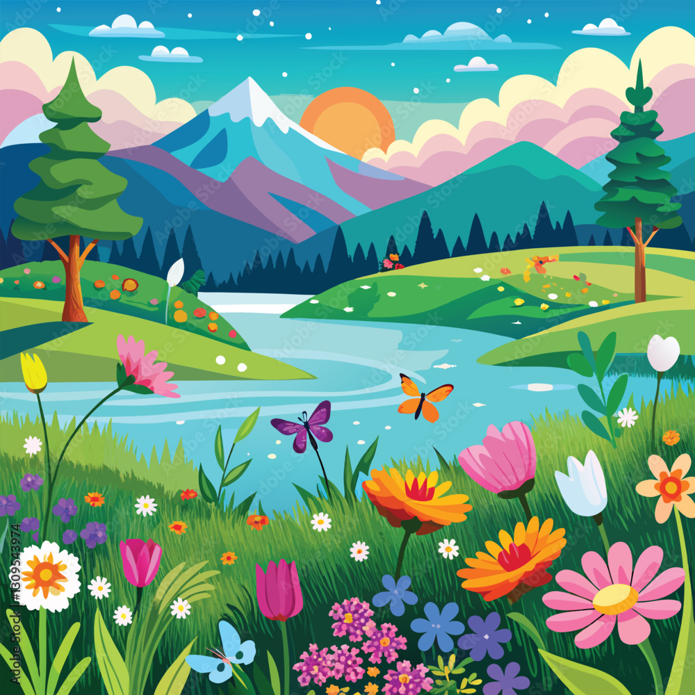Naklejka premium Vibrant Floral Meadow by a Mountain Lake Under a Starry Night Sky