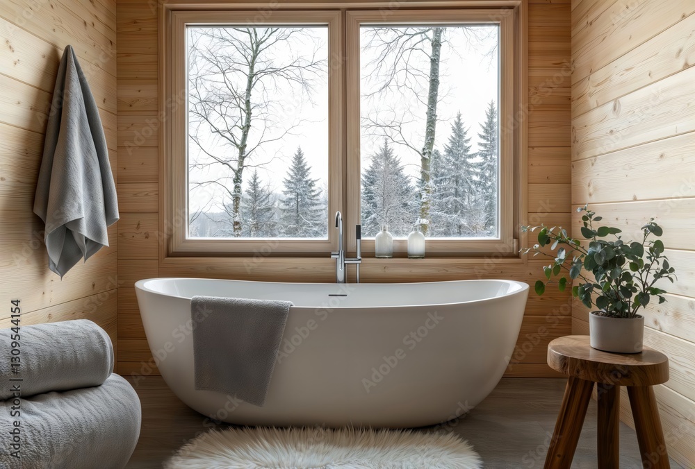 Winter bathroom retreat. Modern freestanding bathtub in a wooden cabin bathroom with large windows showcasing a snowy forest view, creating a serene and luxurious spa-like atmosphere.