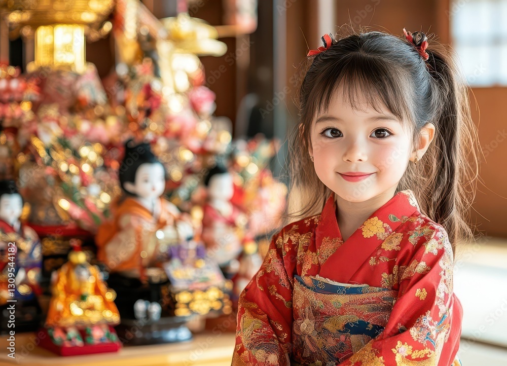 Smiling Girl in Traditional Japanese Kimono with Colorful Decorations Smiling Girl in Traditional Japanese Kimono with Colorful Decorations