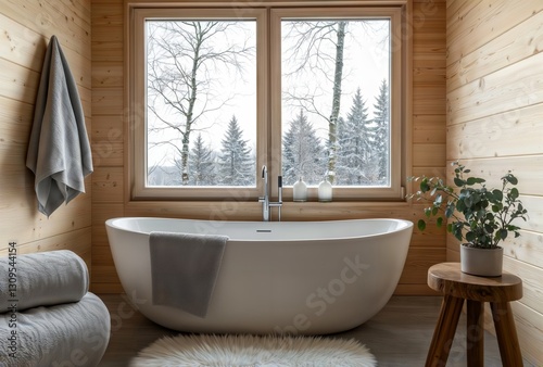 Obraz na płótnie Winter bathroom retreat. Modern freestanding bathtub in a wooden cabin bathroom with large windows showcasing a snowy forest view, creating a serene and luxurious spa-like atmosphere. w salonie