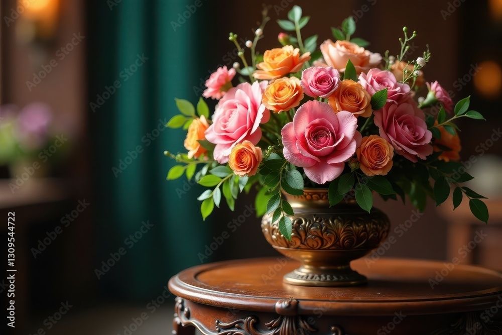 Fototapeta premium Opulent blooms in ornate vase atop carved wooden cart, rich setting , pastel, texture, colorful