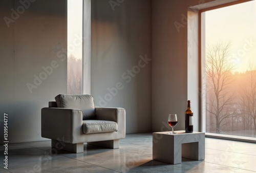 Wine glass in minimal interior. Elegant wine glass with red wine and bottle on a simple table in a minimalist and modern room.
