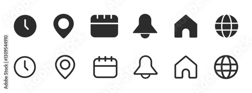 Notification bell, location, date, home, globe and time vector icon concepts. Appointment icons