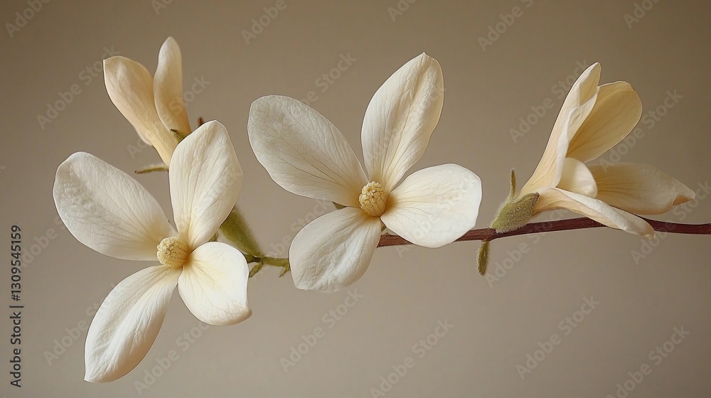 Naklejka premium Three creamy-white magnolia blossoms on a branch against a muted background.