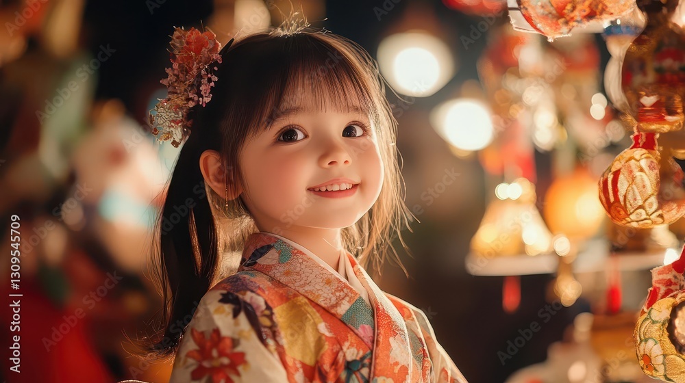 Joyful Young Girl in Traditional Attire with Lanterns and Lights Joyful Young Girl in Traditional Attire with Lanterns and Lights