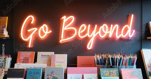 Neon sign go beyond sapphire warm peach glowing inside modern bookstore softly illuminating stacks of journals art supplies photo