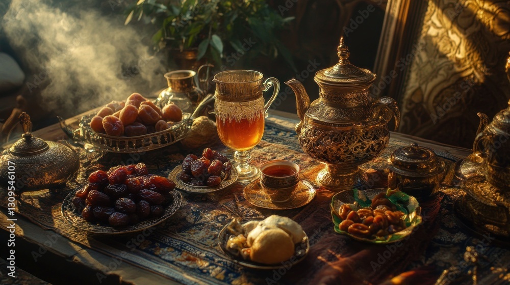 Naklejka premium Intricate golden tea service with dates and sweets in a warm inviting ambiance