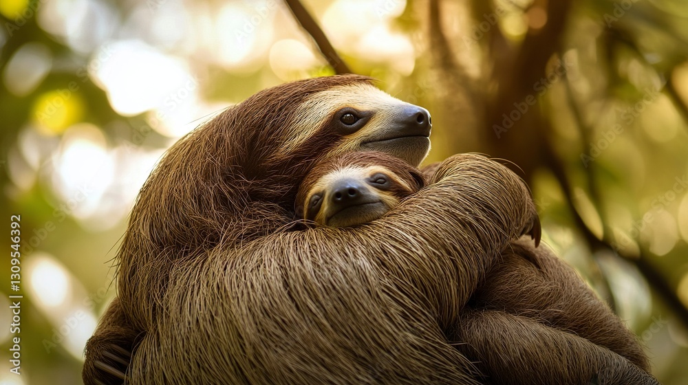 Naklejka premium Cozy baby sloth resting peacefully on its mother’s back swaying gently in the trees soft glowing light cinematic mood