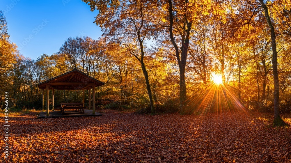 Fototapeta premium A serene autumn scene featuring a gazebo amidst vibrant fall foliage, with sunlight filtering through the trees.
