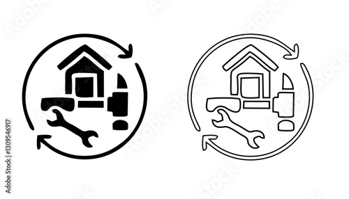 A set of line icons related to construction. Construct, worker, tools, machines, oil, wall, drill, measure, excavator and so on. Vector outline icons set.