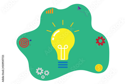 Creative idea concept with a glowing yellow light bulb surrounded by business and innovation icons, including target, gears, graph, and money symbol on a green abstract background