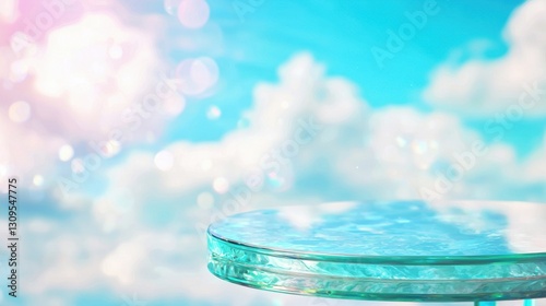 Crystal Clear Glass Platform Against Dreamy Sky for Product Showcase Podium and Creative Advertisement Design