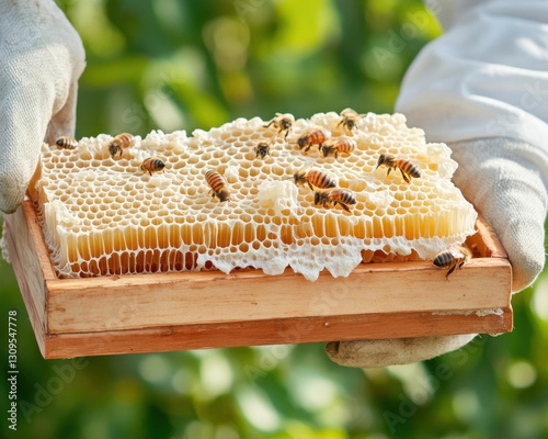 Capture the golden essence of nature with this stunning organic honeycomb harvest scene at sustainable bee farm, sunlight filtering through trees Witness the meticulous work of beekeepers extracting