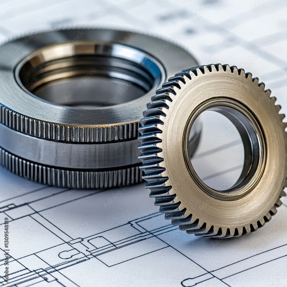 Two interlocking gears positioned on a detailed blueprint illustrating mechanical design and engineering concepts Two interlocking gears positioned on a detailed blueprint illustrating mechanical design and engineering concepts