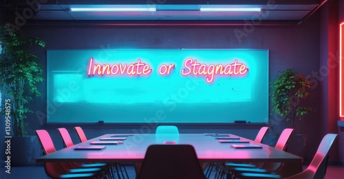 Neon sign innovate or stagnate vibrant turquoise cyber red glowing inside futuristic conference room softly illuminating brainstorming boards