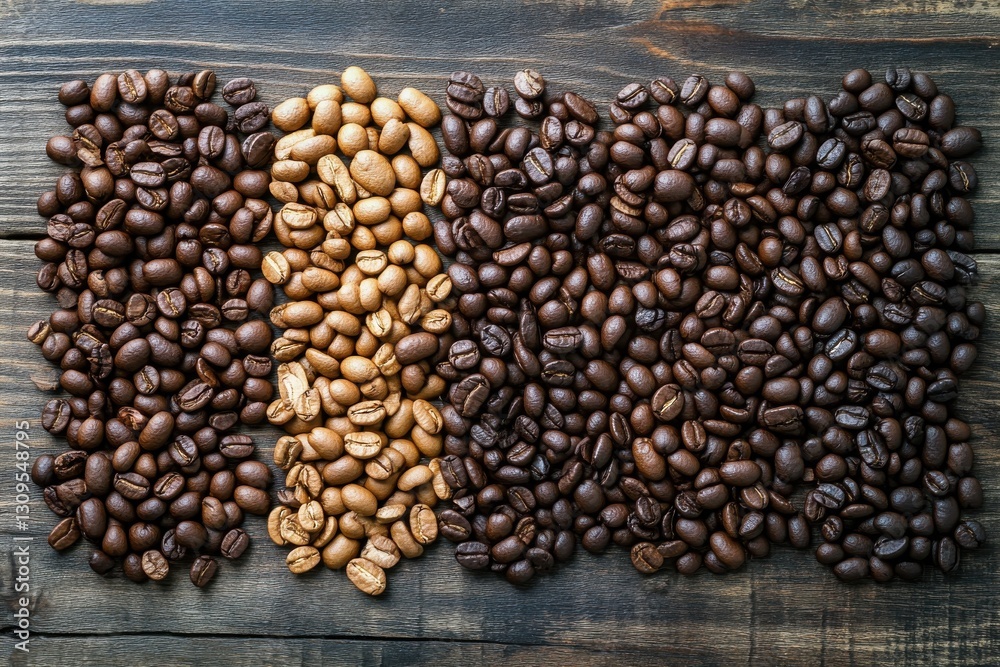 Fototapeta premium Different varieties of coffee beans spread out on wooden surface for visual comparison and appreciation