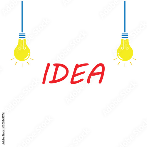 Minimalist concept of creativity and innovation featuring two glowing yellow light bulbs hanging above the word 
