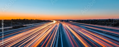 Long exposure captures light trails on a busy highway at dusk