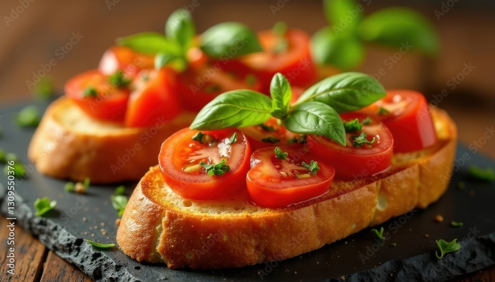 Toasted baguette slices topped with fresh tomato basil bruschetta, food, garlic Toasted baguette slices topped with fresh tomato basil bruschetta, food, garlic