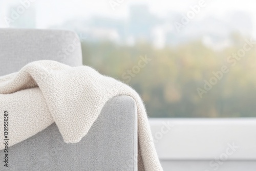 capture close-up photo of cozy textured throw blanket artfully draped over modern minimalist sofa focusing on delicate