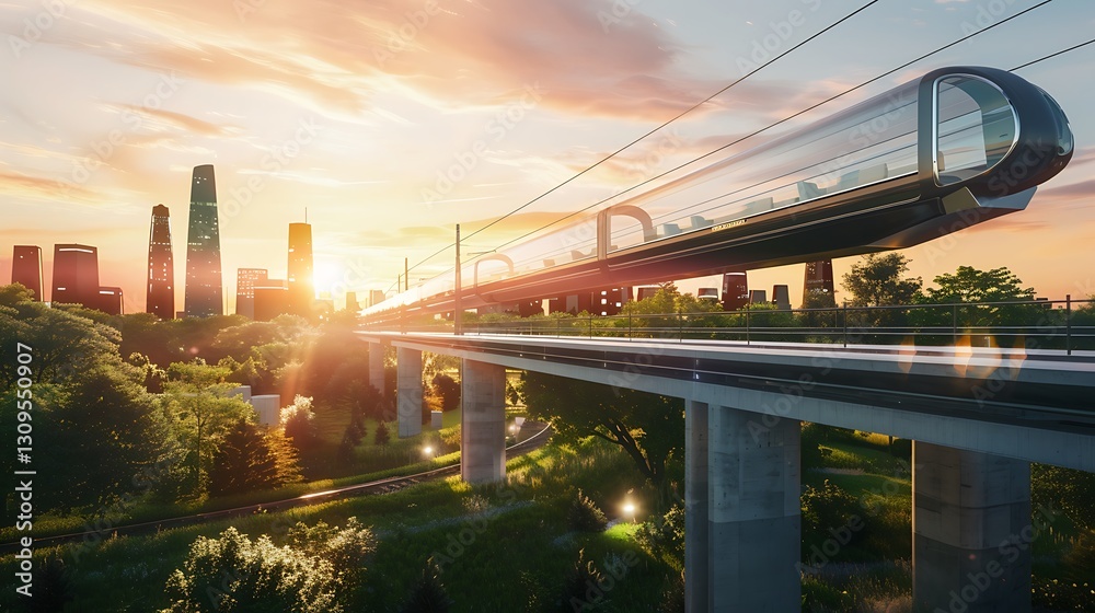 Futuristic Hyperloop Train above Cityscape at Sunset Futuristic Hyperloop Train above Cityscape at Sunset