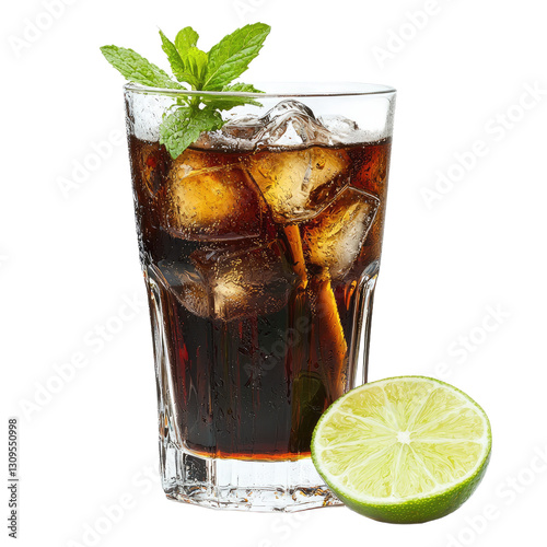 Chilled cola with ice, mint, and a lime slice in a glass. Ideal for beverage marketing, summer ads, and refreshing drink promotions