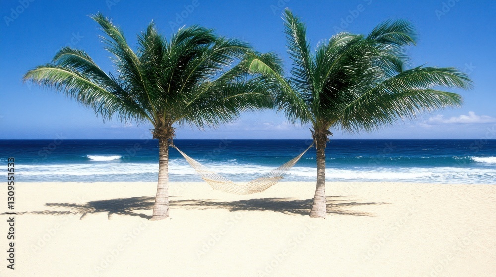 Hammock hangs between two palm trees on beach, for tropical travel ads and relax concept Hammock hangs between two palm trees on beach, for tropical travel ads and relax concept