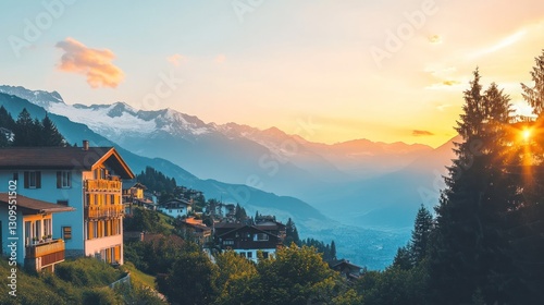 Sunset over Alpine Village: Breathtaking Panorama of Mountain Houses photo