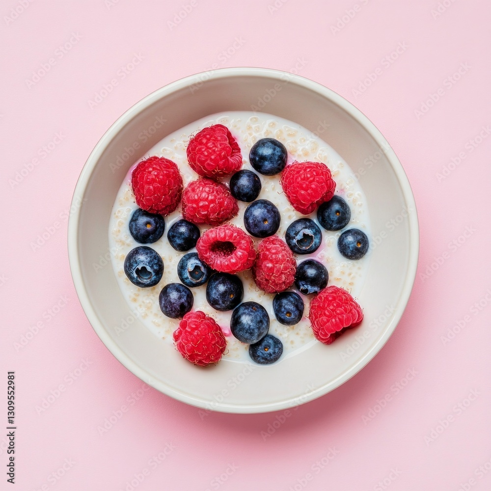 Fresh berries and quinoa in a white bowl on pink background Fresh berries and quinoa in a white bowl on pink background