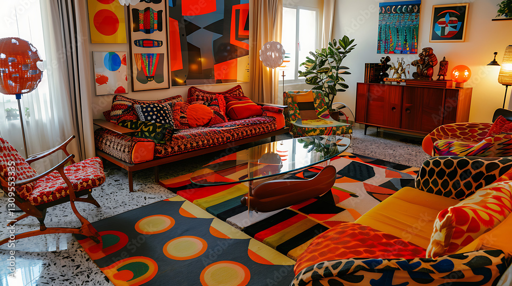 Naklejka premium A retro 70s-inspired lounge with bold patterns and vintage furniture