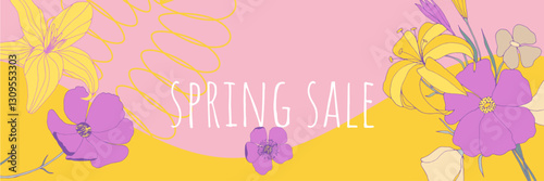 Spring Banner, Promo header for email or social media, decorated with vector editable flowers. Floral template with hand drawn flowers