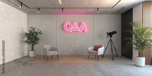 Studio setup for QandA Session with Neon Sign, Chair and Light, Podcast , Interview photo