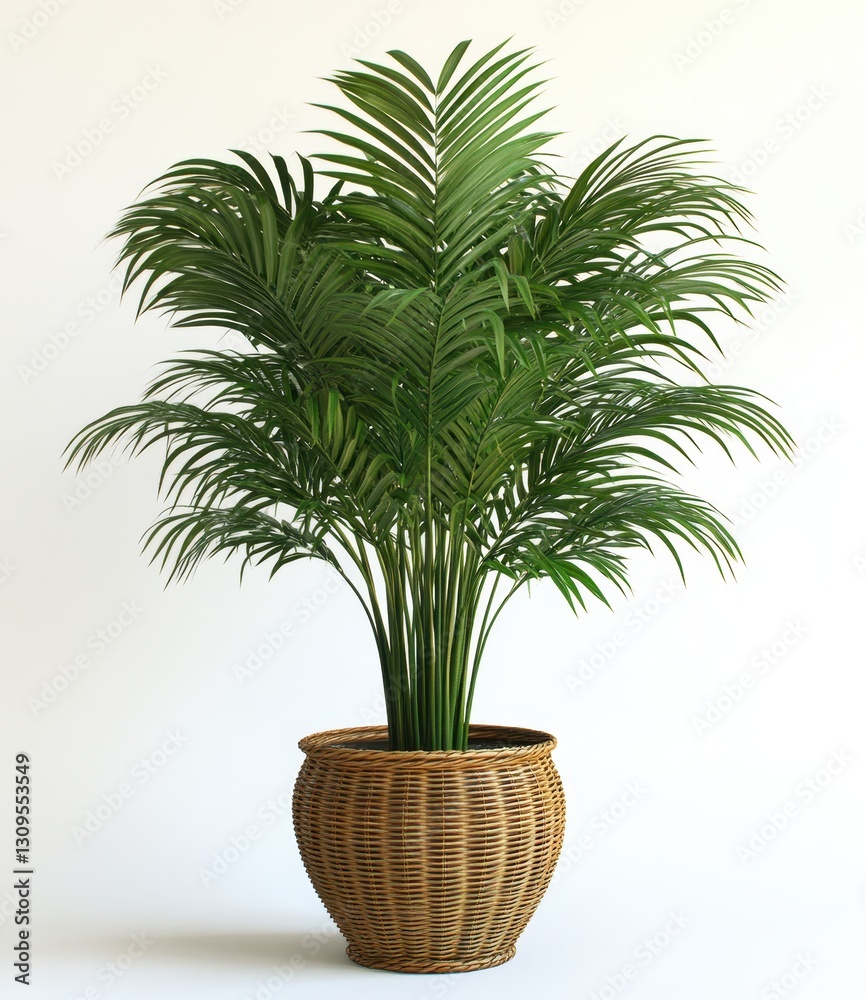 Obraz premium Lush green indoor palm plant in a decorative woven pot against a bright minimalistic background ideal for home decor and interior design inspiration