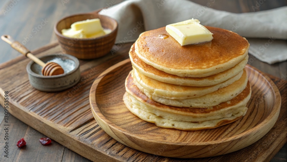 Stack of Pancakes with Butter on Wooden Plate, Breakfast, Brunch Stack of Pancakes with Butter on Wooden Plate, Breakfast, Brunch