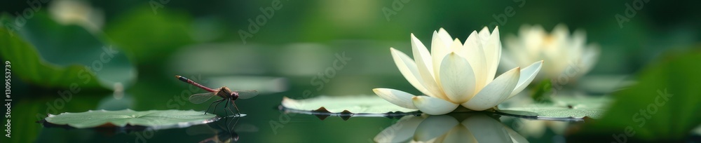 Fototapeta premium Elegant white lotus blossoms, dragonfly in serene lake, pond, dragonfly
