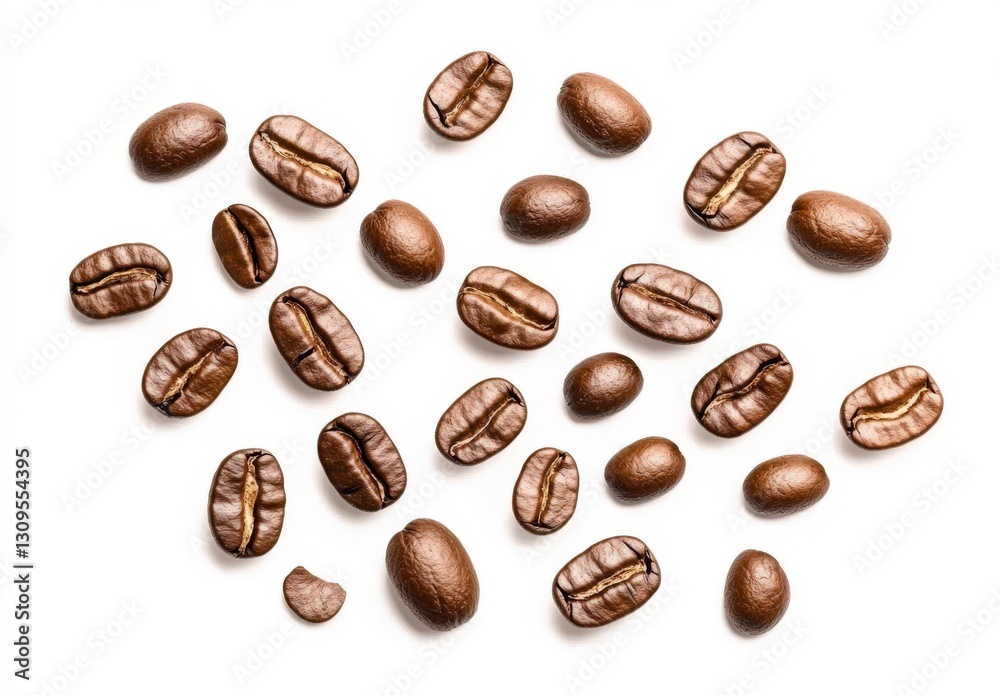 Brown coffee beans scattered on a white surface, showcasing their rich texture and color. Brown coffee beans scattered on a white surface, showcasing their rich texture and color.